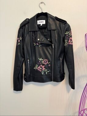 BB Dakota Black Faux Leather Moto Jacket with Pink Floral Embroidery